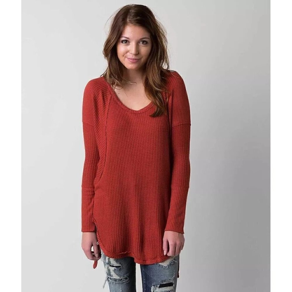 Free People Rust Orange Drippy Thermal Long Sleeve Top S